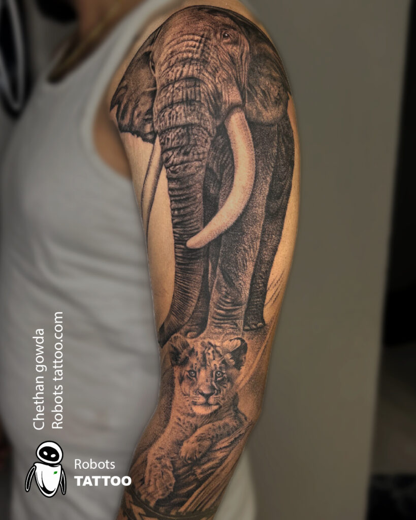 elephant and a lion cub - Best tattoo artist in Bangalore