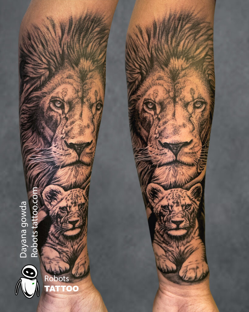 Lion with Cub tattoo ideas Artist Dayanagowda @robotstattoo