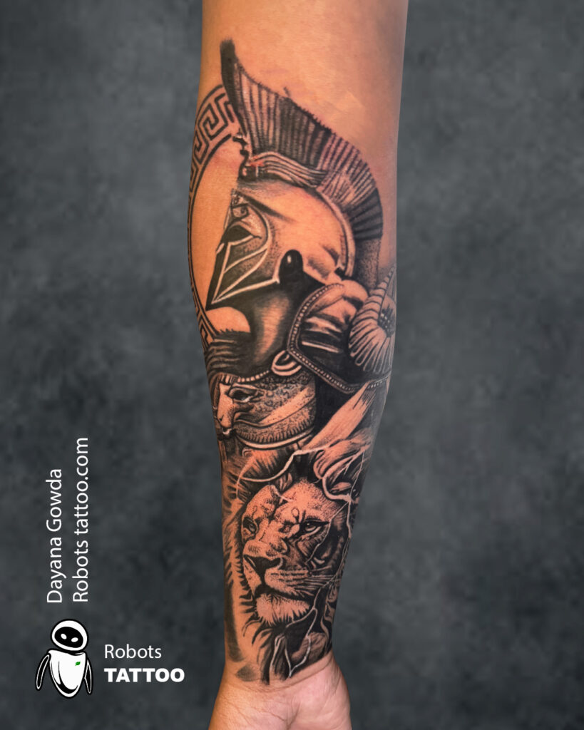 warrior tattoo with lion tattoo ideas done @robotstattoo