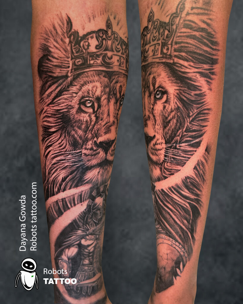 Lion with spartan tattoo ideas done by dayana gowda @robotstattoo