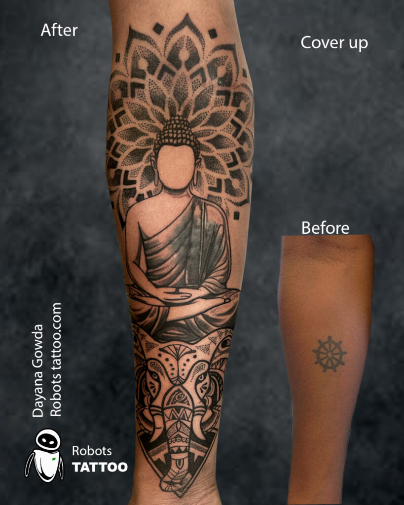 “Cover-up tattoo featuring Lord Buddha with mandala and ornamental elephant head on forearm by Robots Tattoo.”