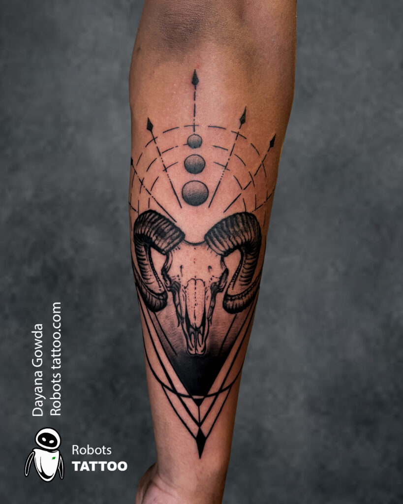aries zodiac sign with geometric line art tattoo by dayana gowda @robotstattoo