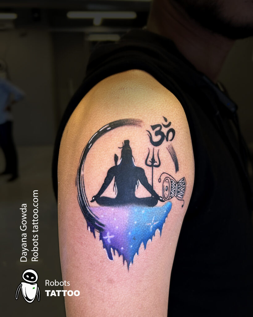 Lord Shiva tattoo with damaru in hand, symbolizing creation and rhythm in Hindu