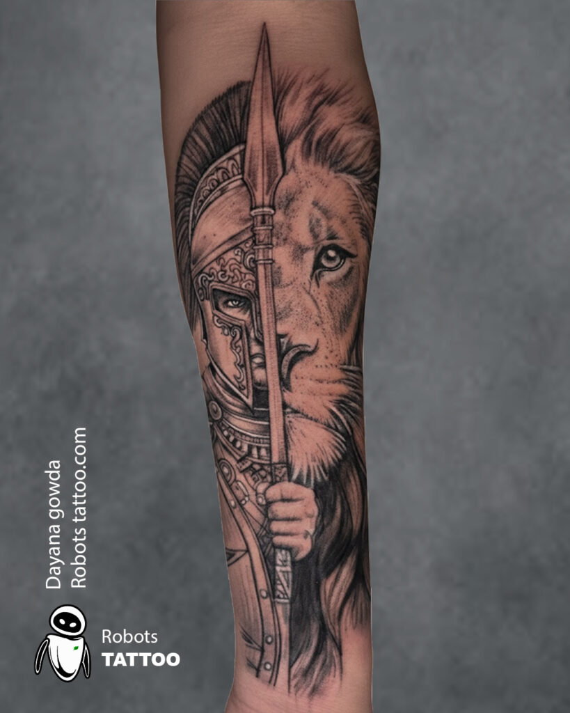 Lion with spartan tattoo done at @robots By Dayanagowda