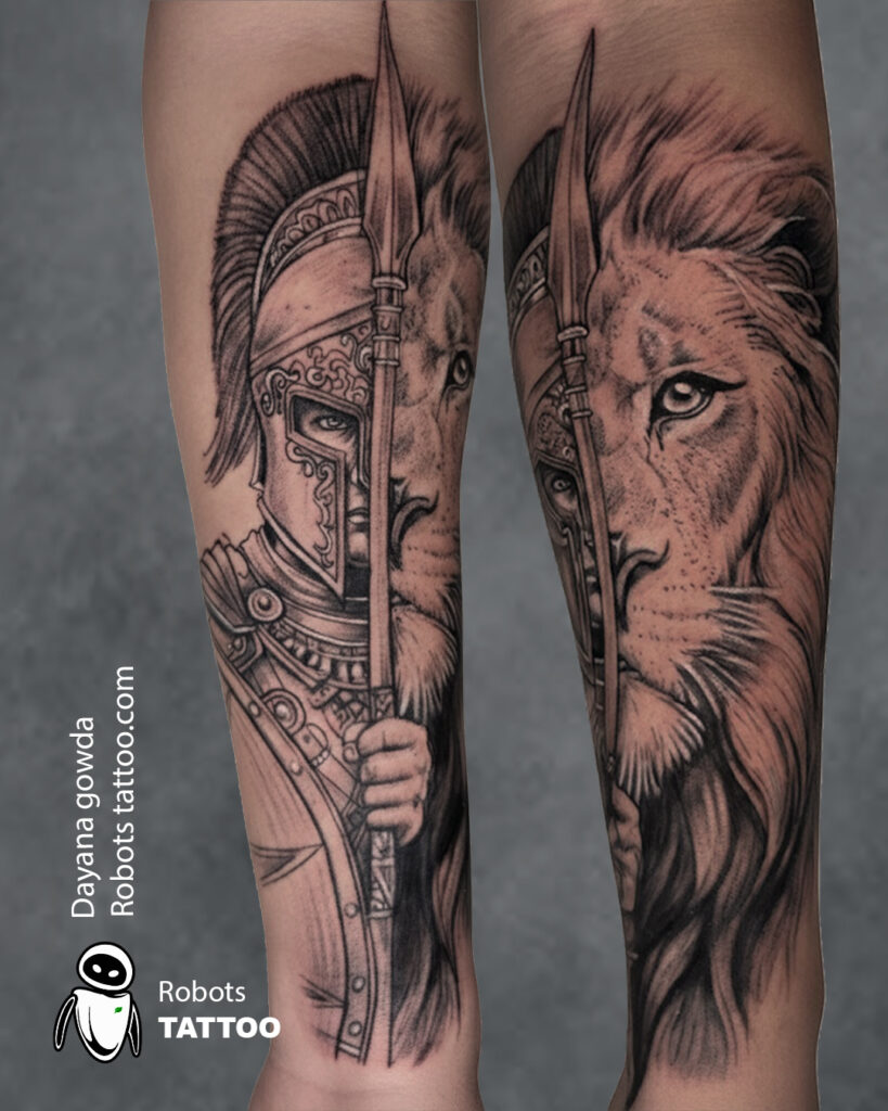 Lion with spartan tattoo done at @robots By Dayanagowda