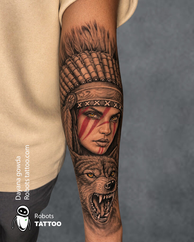 red indian girl with wolf tattoo